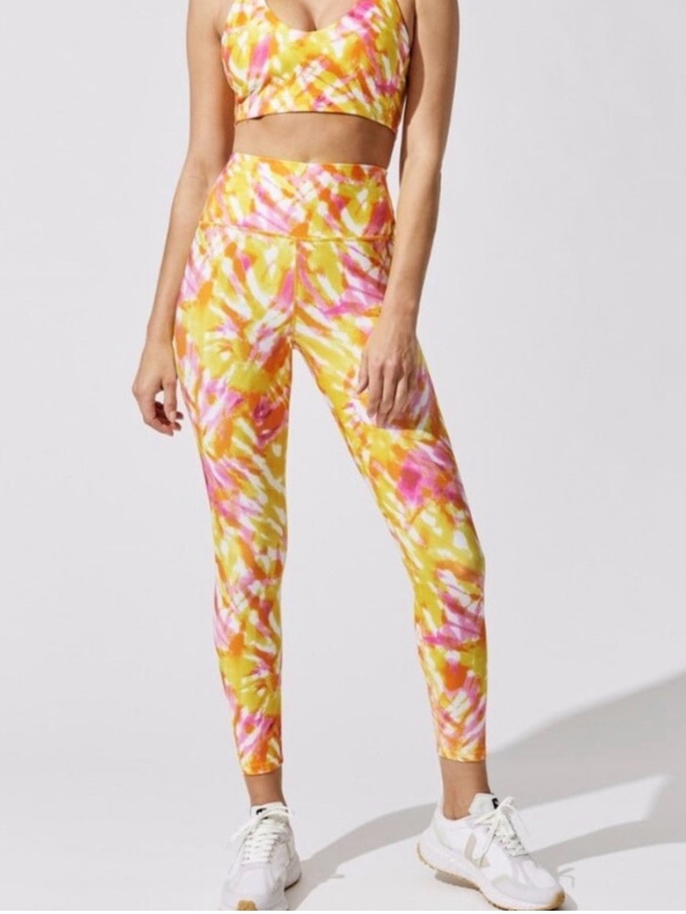 Carbon38 pink and yellow tie-dye athletic high rise soft leggings Small NWT